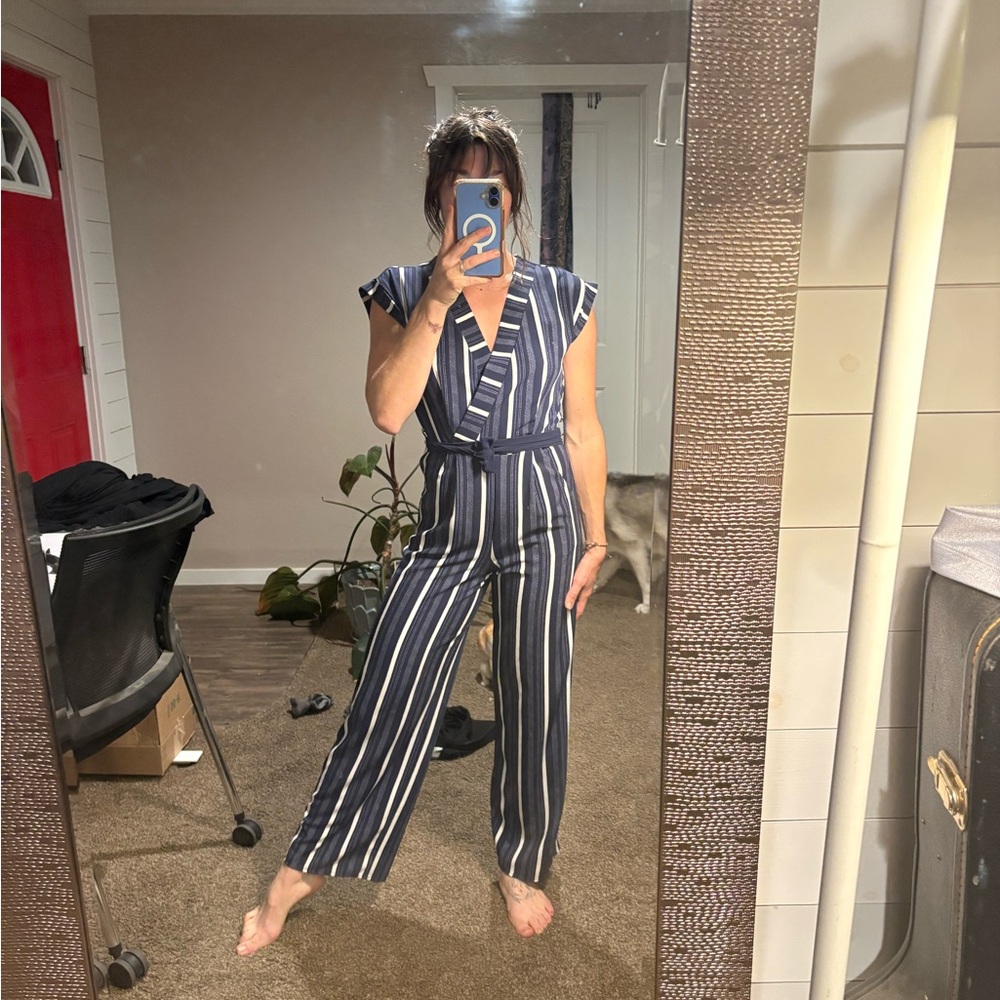 Monteau Navy and White Striped Jumpsuit
